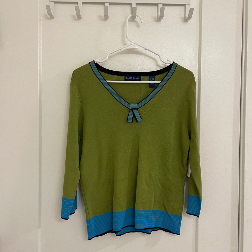 Vintage NWT Green Colorblock V Neck Bow Y2K Blouse Chic Artsy Coquette